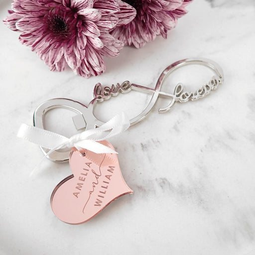 Infinity Bottle Opener with Custom designed Engraved Acrylic Rose Gold Gift Tag Favour