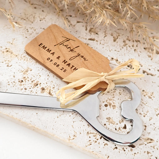 Silver Heart Bottle Opener With Wooden Gift Tag and Raffia Tie