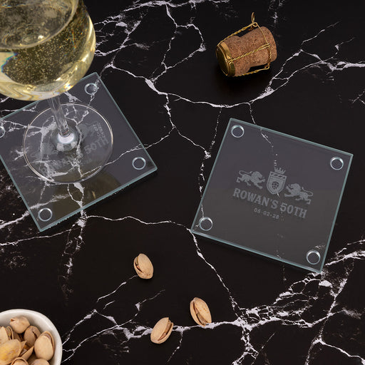 Personalised engraved glass birthday coaster customised with a name, birthday date or milestone celebration design.