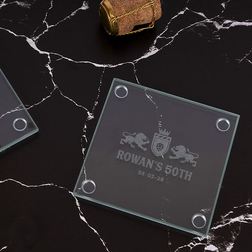 Custom glass birthday coaster party favour, laser engraved for 18th, 21st, 30th, 40th, 50th and milestone birthdays.