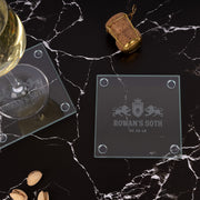 Engraved glass coaster birthday favour personalised with custom artwork, creating a practical keepsake for party guests.