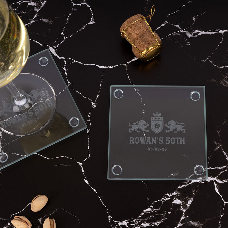Engraved glass coaster birthday favour personalised with custom artwork, creating a practical keepsake for party guests.