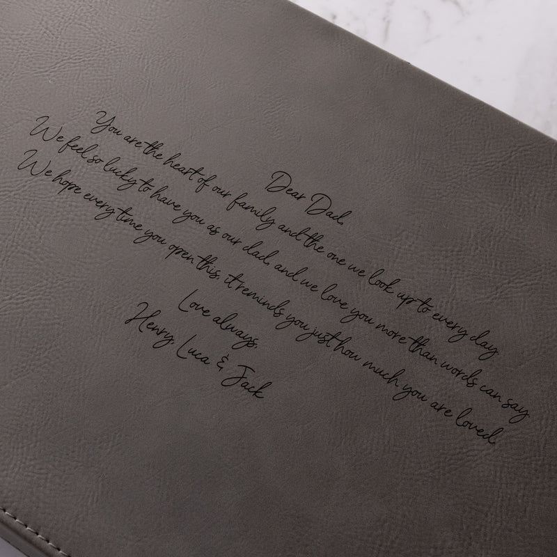 Grey leatherette memory box engraved with a name, perfect for storing photos, jewellery and treasured keepsakes.