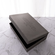 Luxury personalised keepsake gift box in grey leatherette with a soft black velvet lining and custom engraving.