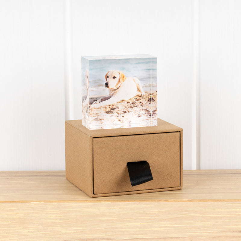 Small 25mm thick clear acrylic photo block freestanding display