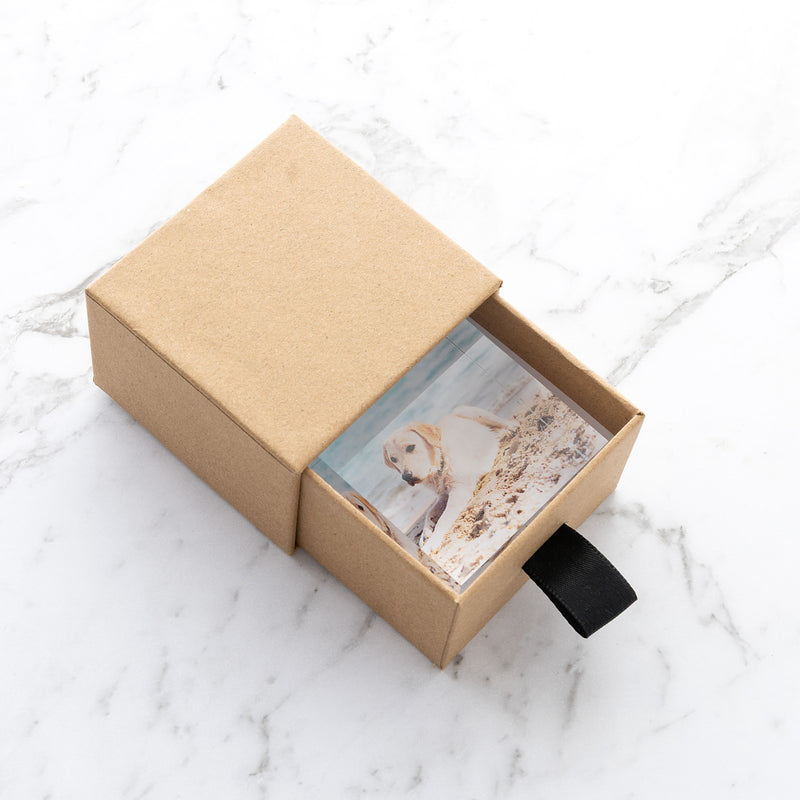 Custom mini acrylic photo keepsake with black ribbon sliding box packaging