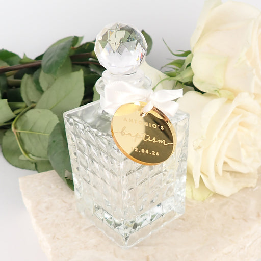 Customised Engraved Round Mirror Gold Acrylic Gift Tag Attached to Christening Decanter Favour