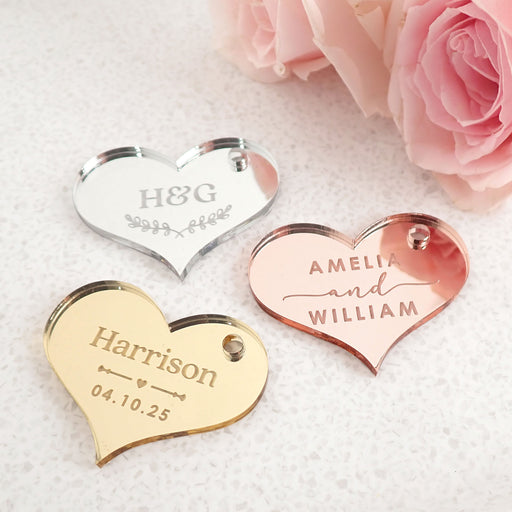 Engraved Personalised Mirror Acrylic Heart Wedding Gift Tags