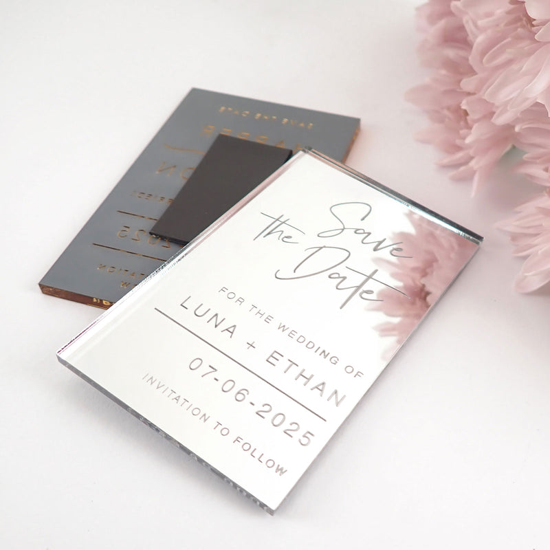 Custom Designed Engraved Mirror Silver Acrylic Wedding Save the dates