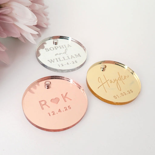 Personalised Engraved Guest Names Round Mirror Acrylic Wedding Favour Gift Tags