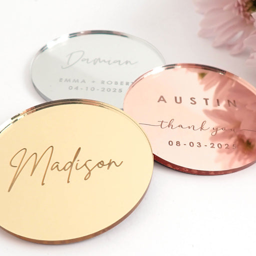 Personalised Engraved Round Mirror Rose Gold Acrylic Wedding Reception Place Cards