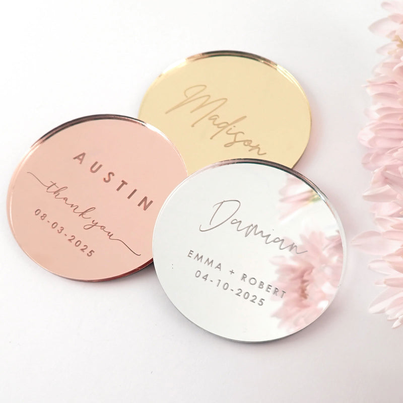 Personalised Engraved Round Mirror Rose Gold Acrylic Wedding Reception Place Cards