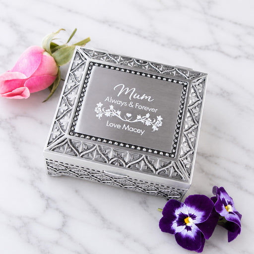Personalised pewter jewellery box engraved with a special message for Mum, Nanna or Grandma