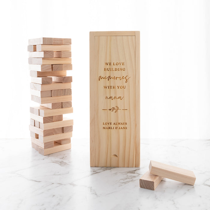 Custom Mother’s Day tumbling tower gift with 48 natural wooden pieces