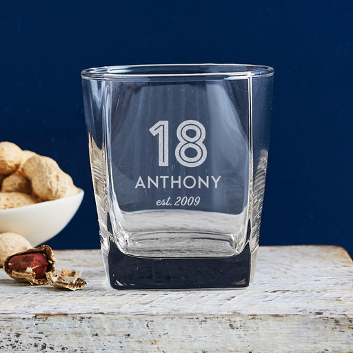 Custom engraved 295ml square whiskey glass – the perfect personalised gift for an 18th birthday celebration