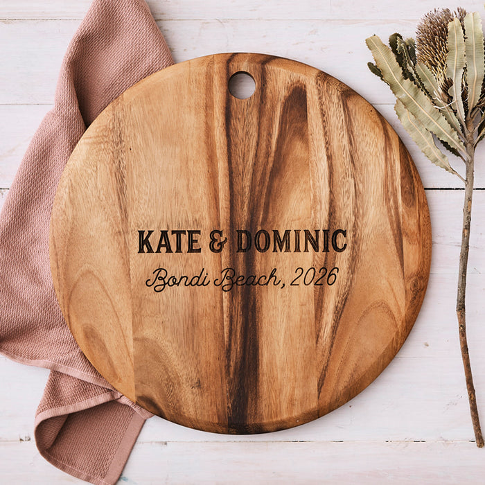 Personalised Engraved Wedding Round Acacia Serving Board Present