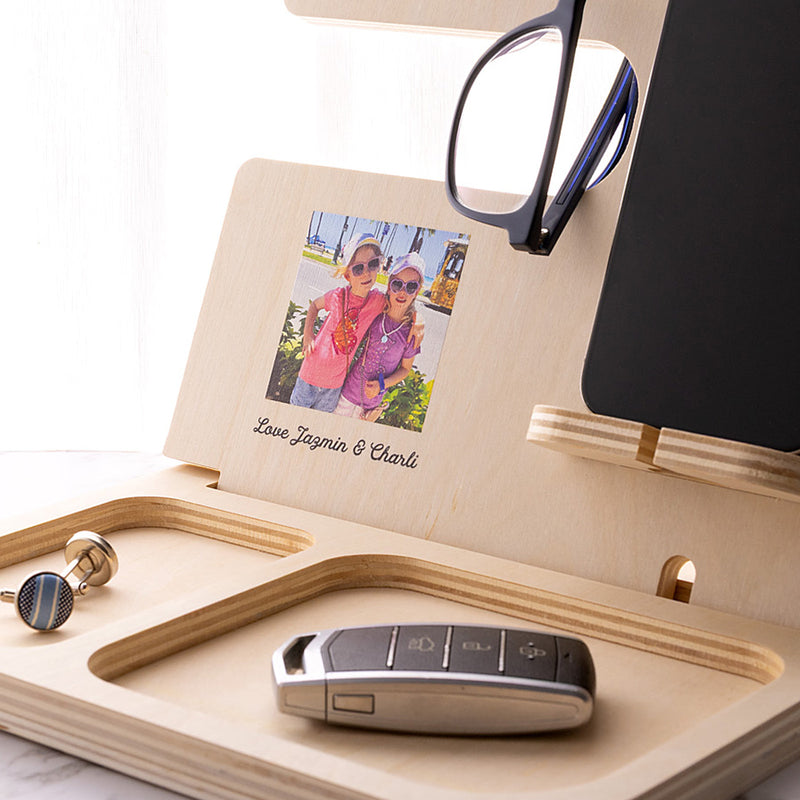 Custom pine accessories organiser printed with a family photo and personalised message, perfect for keeping everyday essentials tidy.