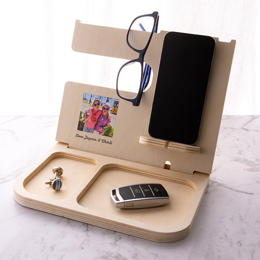 Personalised accessories holder featuring a favourite photo, ideal for Dad's phone, keys, wallet, watch and glasses.