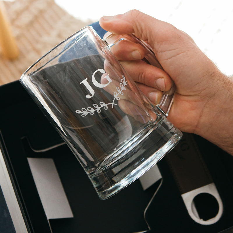 Engraved birthday gift set featuring beer mug and matching barmate