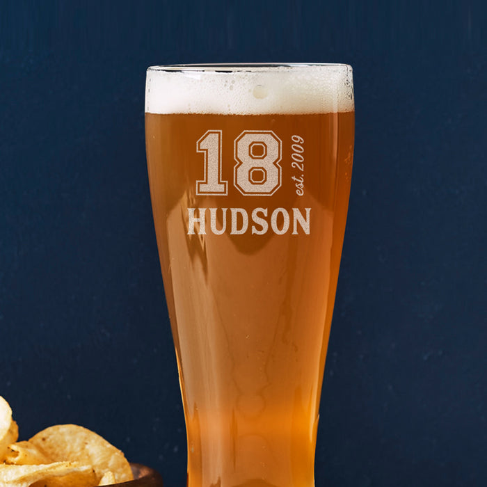 Custom engraved 425ml beer glass – the perfect personalised gift for an 18th birthday celebration