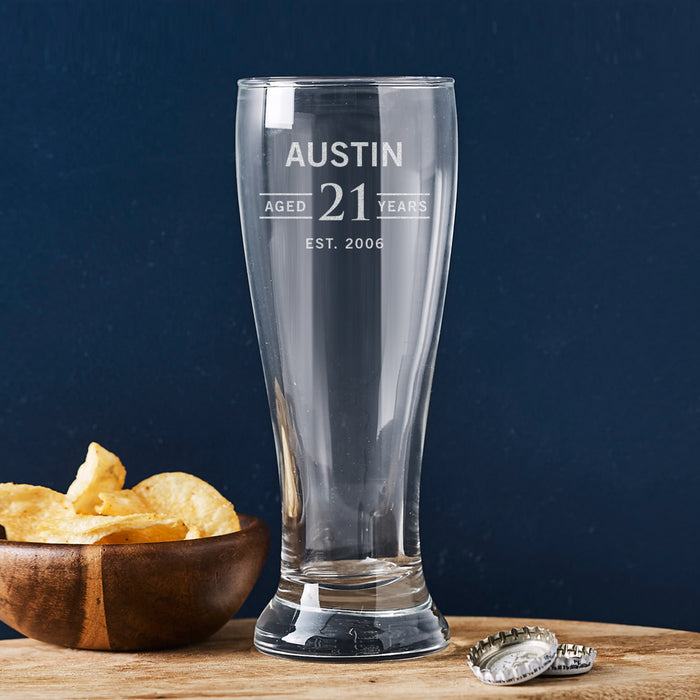 Engraved 425ml beer glass, perfect 21st birthday gift for beer lovers