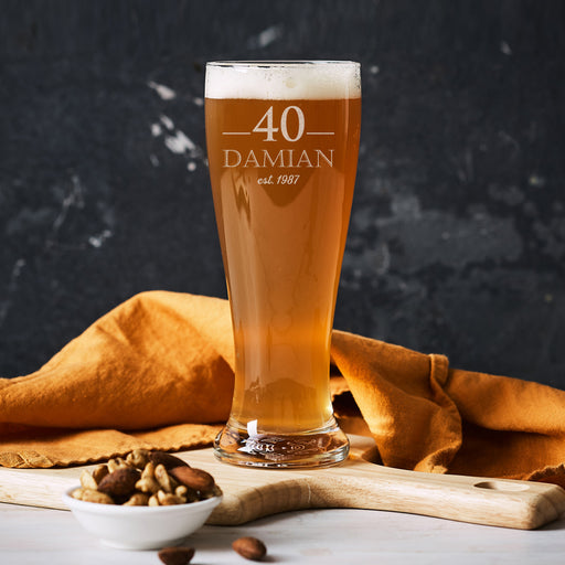 Personalised 40th birthday beer glass engraved with name and date – perfect gift for beer lovers and milestone celebrations.