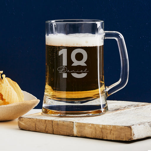 Personalised 500ml beer mug engraved with '18th Birthday' – a perfect gift for a beer lover