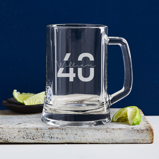 Personalised 40th birthday beer mug engraved with name and date – perfect gift for beer lovers and milestone celebrations.