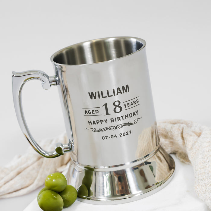 Silver stainless steel beer mug with black engraved birthday design in gift box