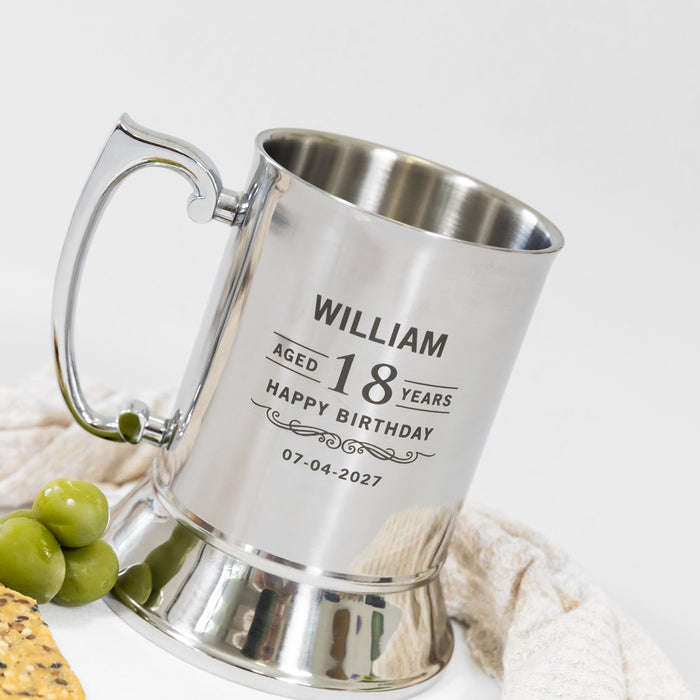 Personalised milestone birthday beer stein featuring custom name and age