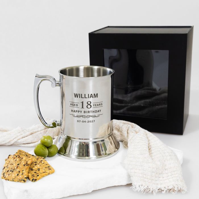 Custom engraved metal beer mug gift for 18th, 21st, or 30th birthday celebration