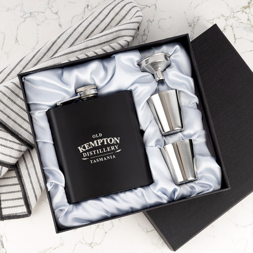 Engraved 6oz matte black hip flask with shot glasses and funnel in gift box