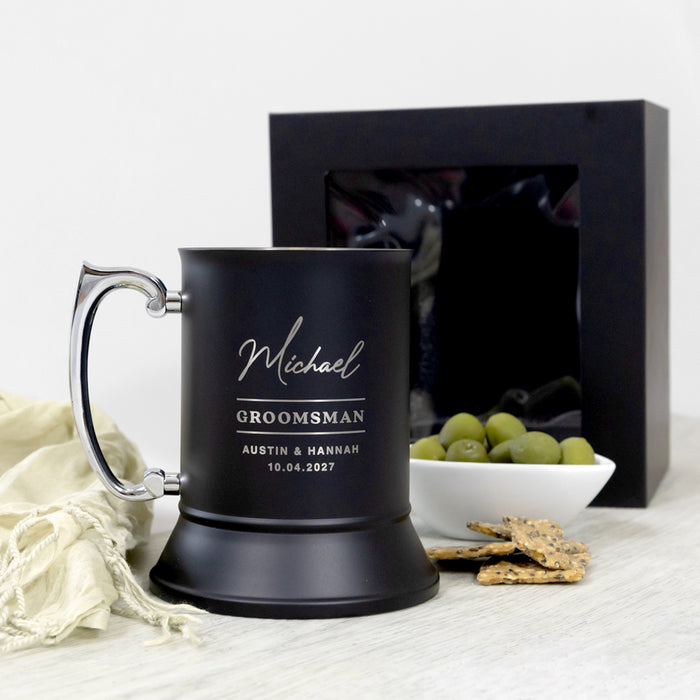 Engraved wedding party beer mug with silver detailing and personalised names