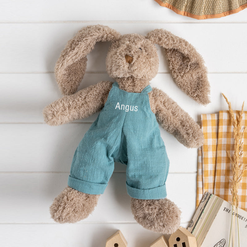Personalised taupe bunny rabbit with dusty blue embroidered overalls, custom name keepsake gift for baby or Easter