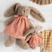 Personalised taupe bunny rabbit set featuring a 40cm bunny with an embroidered name and a 20cm bunny with an initial, dressed in removable pink dresses.