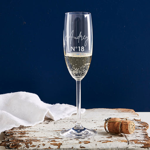 Personalised 195ml champagne glass engraved with '18th Birthday' – a great birthday gift