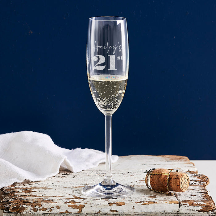 Personalised 195ml champagne glass, unique gift for marking a 21st birthday milestone