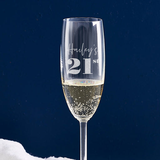 Engraved 195ml champagne glass, perfect 21st birthday gift for a celebratory toast