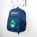 Personalised navy kids backpack with dinosaur print and child's name embroidered.