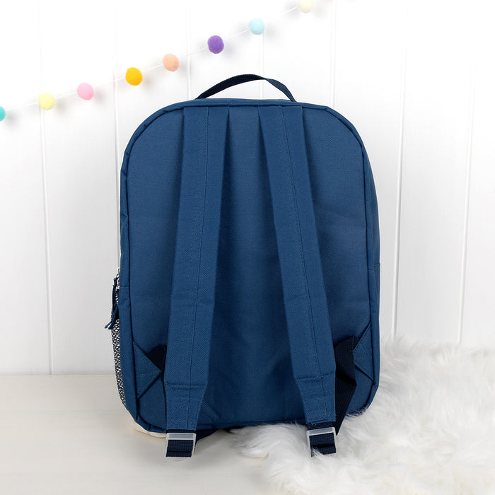 Back view of personalised kids backpack showing padded, adjustable shoulder straps and sturdy design.