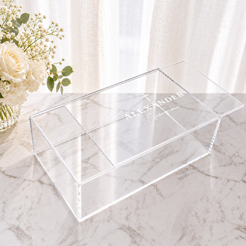 Personalised clear acrylic Christening keepsake box with sliding lid