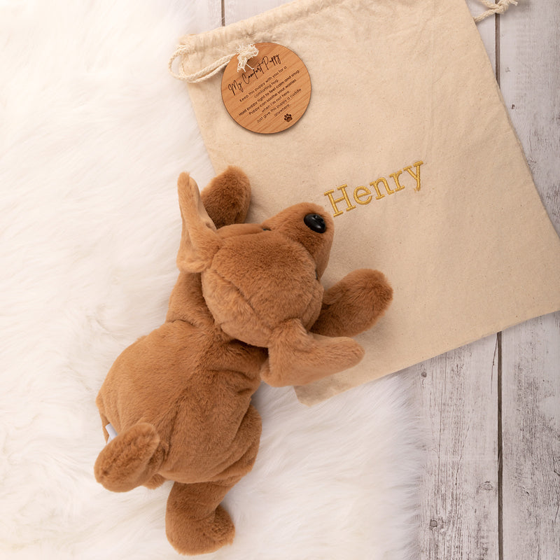 Customised Embroidered Drawstring Bag and Puppy with Engraved Wooden Gift Tag