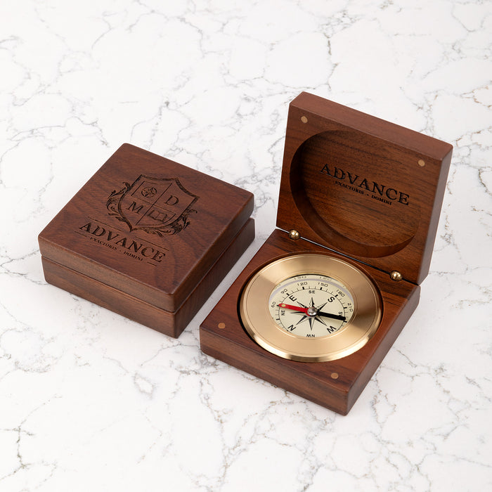 Brass compass gift in wooden box engraved with company logo or message