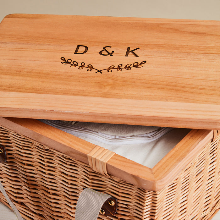 Custom engraved picnic basket cooler with wooden lid for outdoor entertaining
