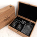 Personalised whiskey decanter set with engraved glasses and stones in walnut gift box.