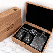 Personalised Father’s Day whiskey decanter set with engraved walnut gift box, two glasses and whiskey stones