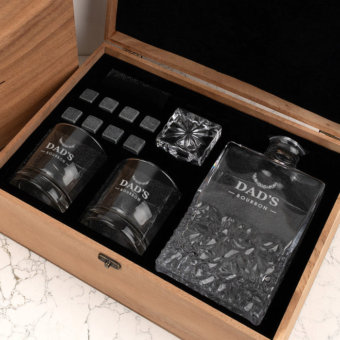 Custom Father's Day decanter gift set with laser-etched design and premium packaging.