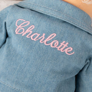 Stylish 35cm fabric doll with removable clothing, pink bow, and custom name on back of denim jacket