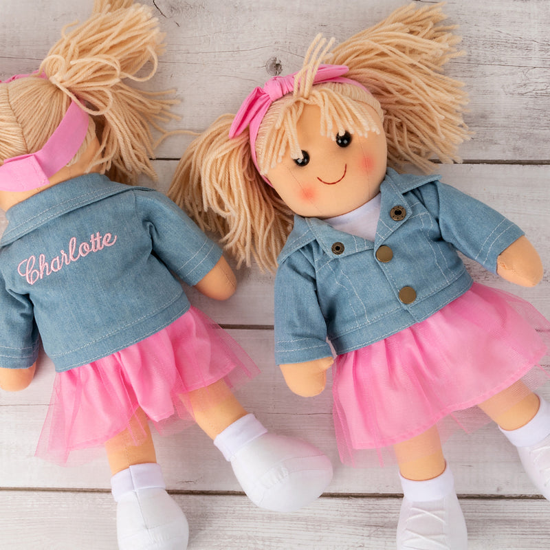 Australian designed personalised doll Lottie, perfect gift for kids with embroidered name on trendy outfit