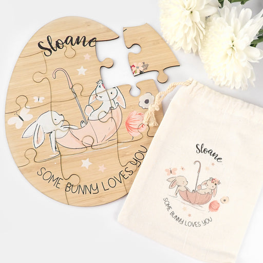 Personalised Bamboo Easter Egg Puzzle with Printed Calico Bag